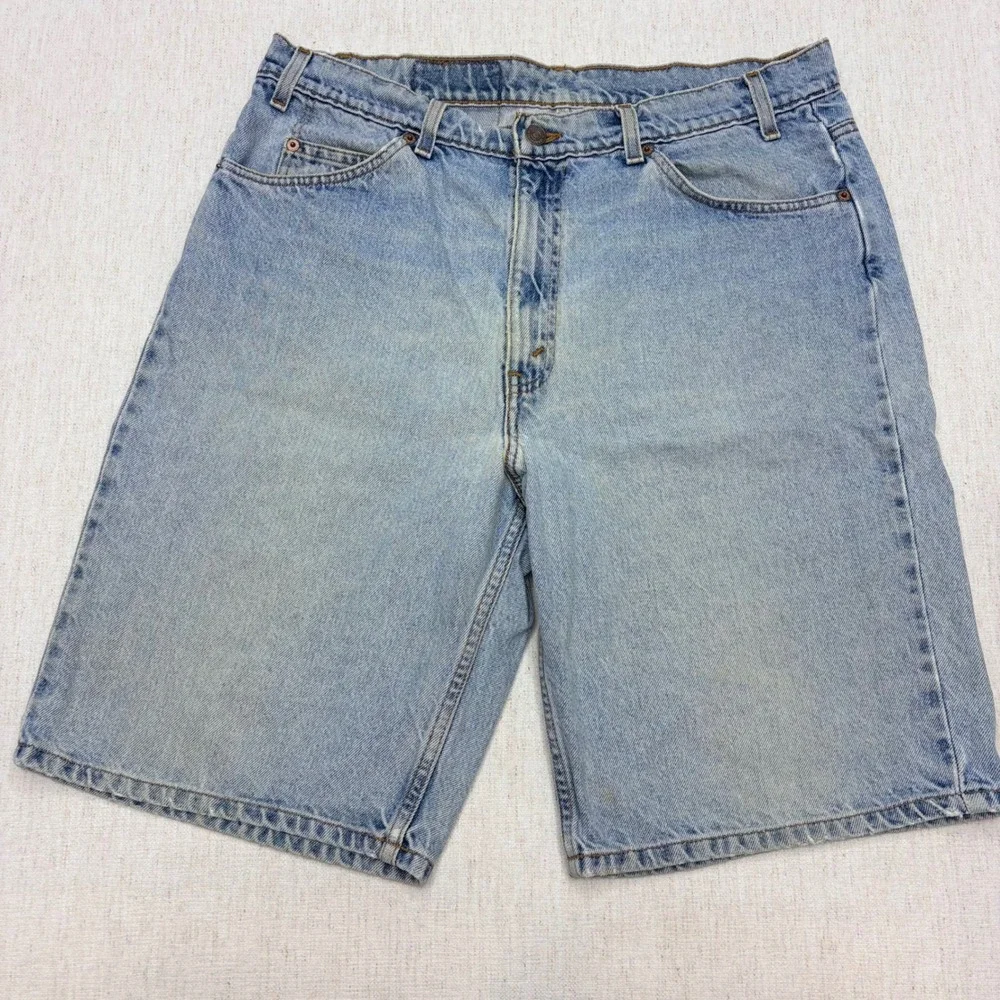 Vintage 90s Levis 550 Relaxed Fit Shorts Light Wash Orange Tab Men 38 Distresse